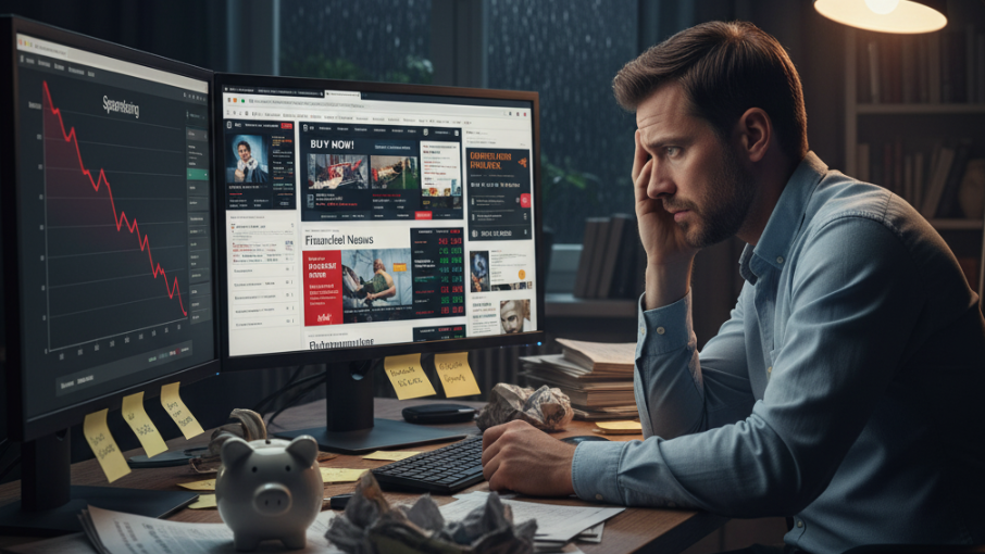 Man gefrustreerd door beleggingsinformatie, een voorbeeld van hoe je beleggingsfouten kunt vermijden. Man gefrustreerd door beleggingsinformatie, een voorbeeld van hoe je beleggingsfouten kunt vermijden.