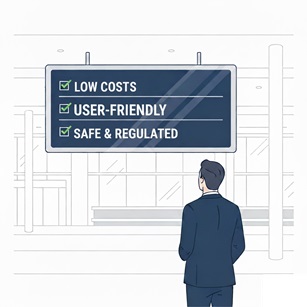 Illustratie die het maken van een broker keuze versimpelt: een belegger kijkt naar een checklist met de drie belangrijkste criteria: lage kosten, gebruiksvriendelijkheid en veiligheid.